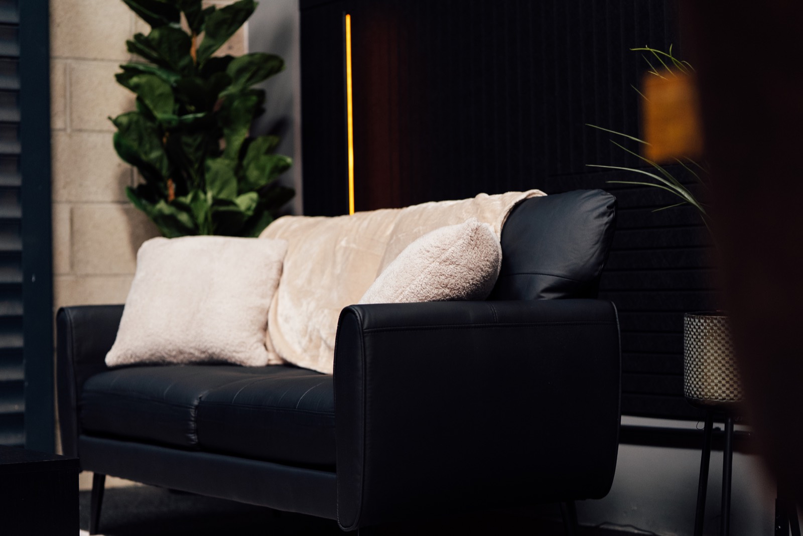 Black leather sofa with cream cushions and linear light