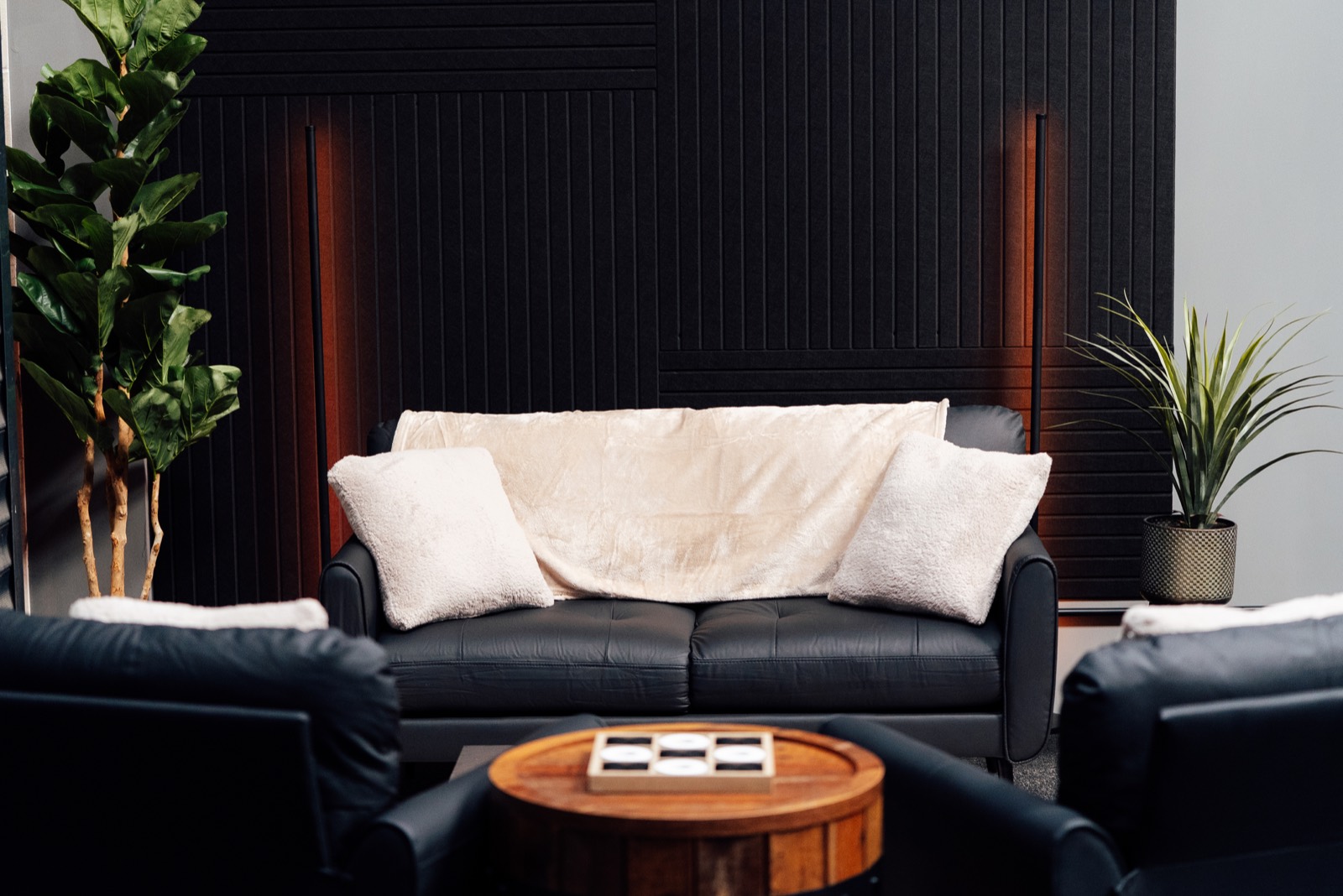 Lounge set with black sofa, cream throw, plants and barrel table