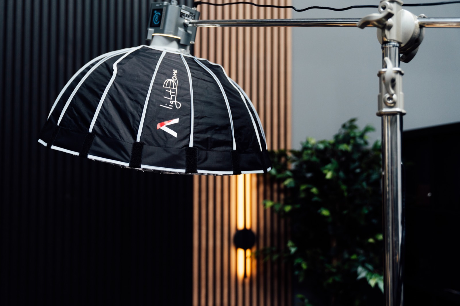 Light dome softbox on a stand by the timber wall